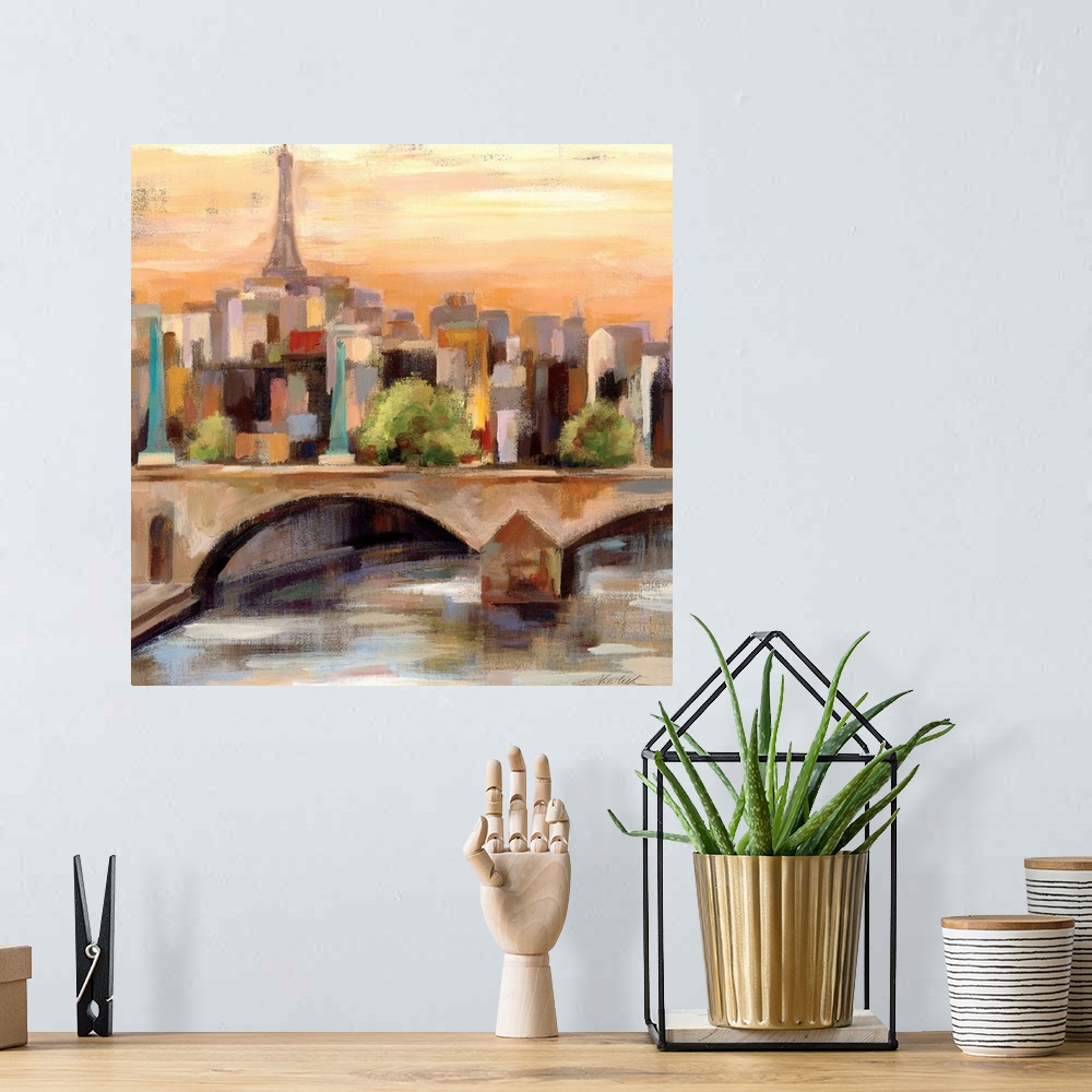 A bohemian room featuring Contemporary painting of a city skyline with a bridge in the foreground.