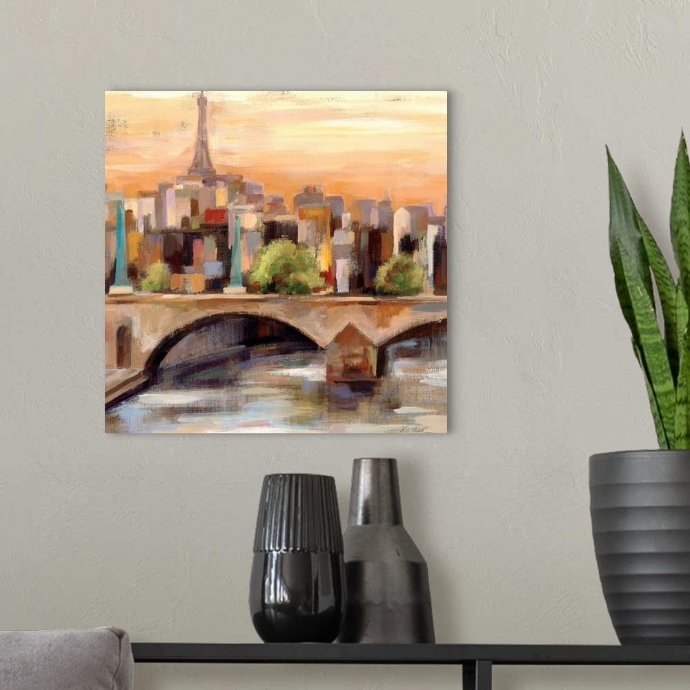 A modern room featuring Contemporary painting of a city skyline with a bridge in the foreground.