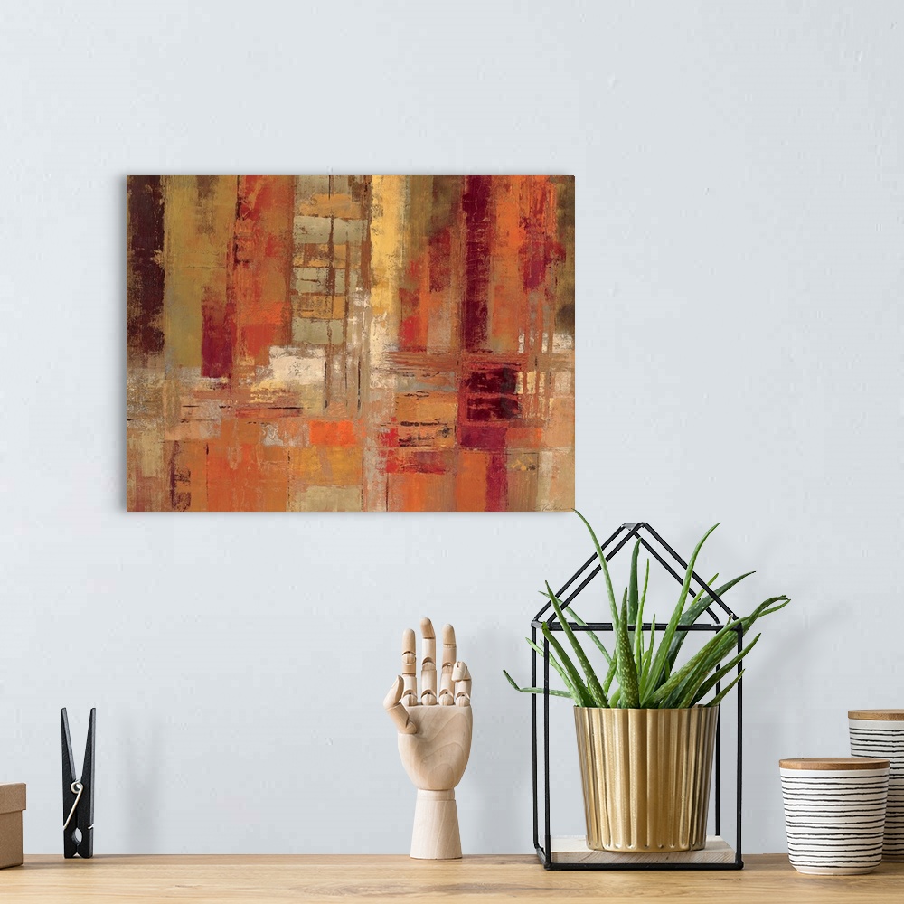 A bohemian room featuring Horizontal contemporary painting on a large canvas of patchy rectangular shapes in horizontal and...