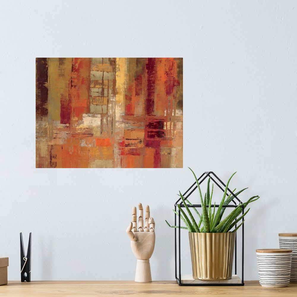 A bohemian room featuring Horizontal contemporary painting on a large canvas of patchy rectangular shapes in horizontal and...