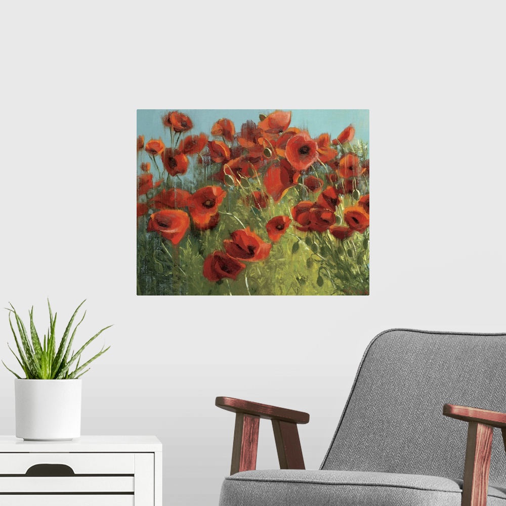 A modern room featuring Landscape, floral painting of many vibrant poppies in a grassy field against a blue sky.