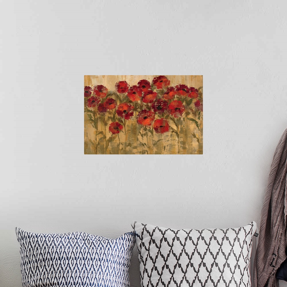 A bohemian room featuring Large wall art of circular warm flowers against a grungy earth toned background.
