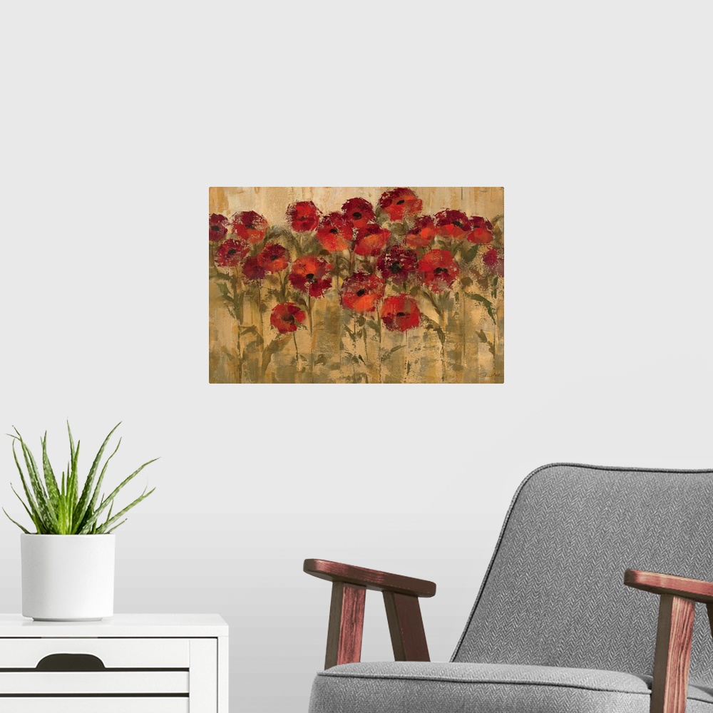 A modern room featuring Large wall art of circular warm flowers against a grungy earth toned background.