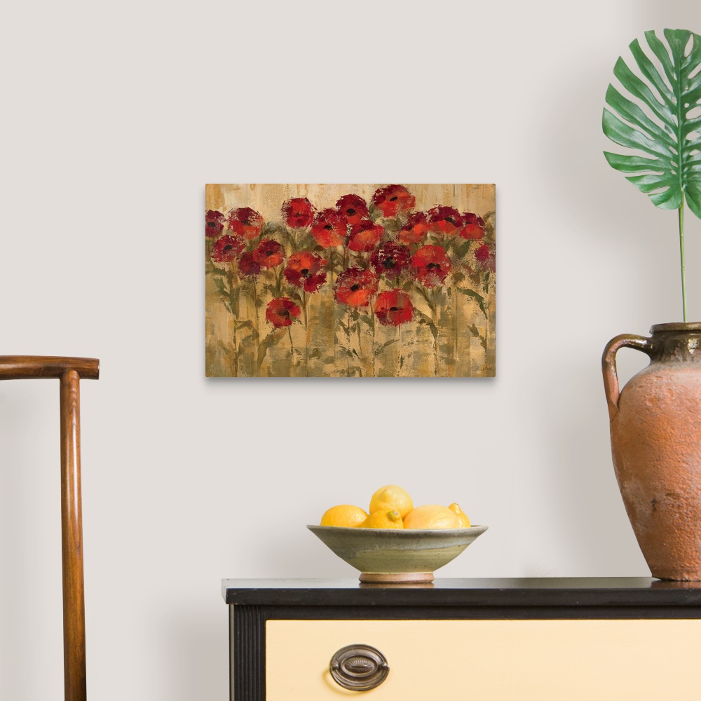 A traditional room featuring Large wall art of circular warm flowers against a grungy earth toned background.