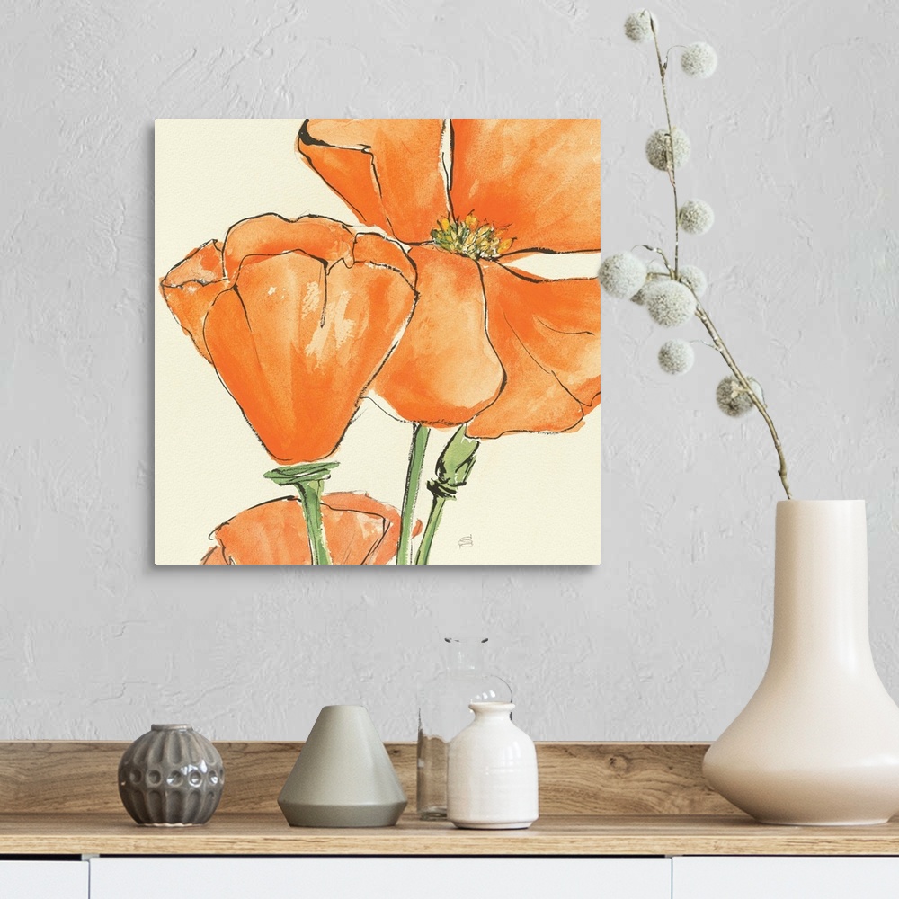 A farmhouse room featuring Contemporary artwork of an orange flower close-up in the frame of the image.
