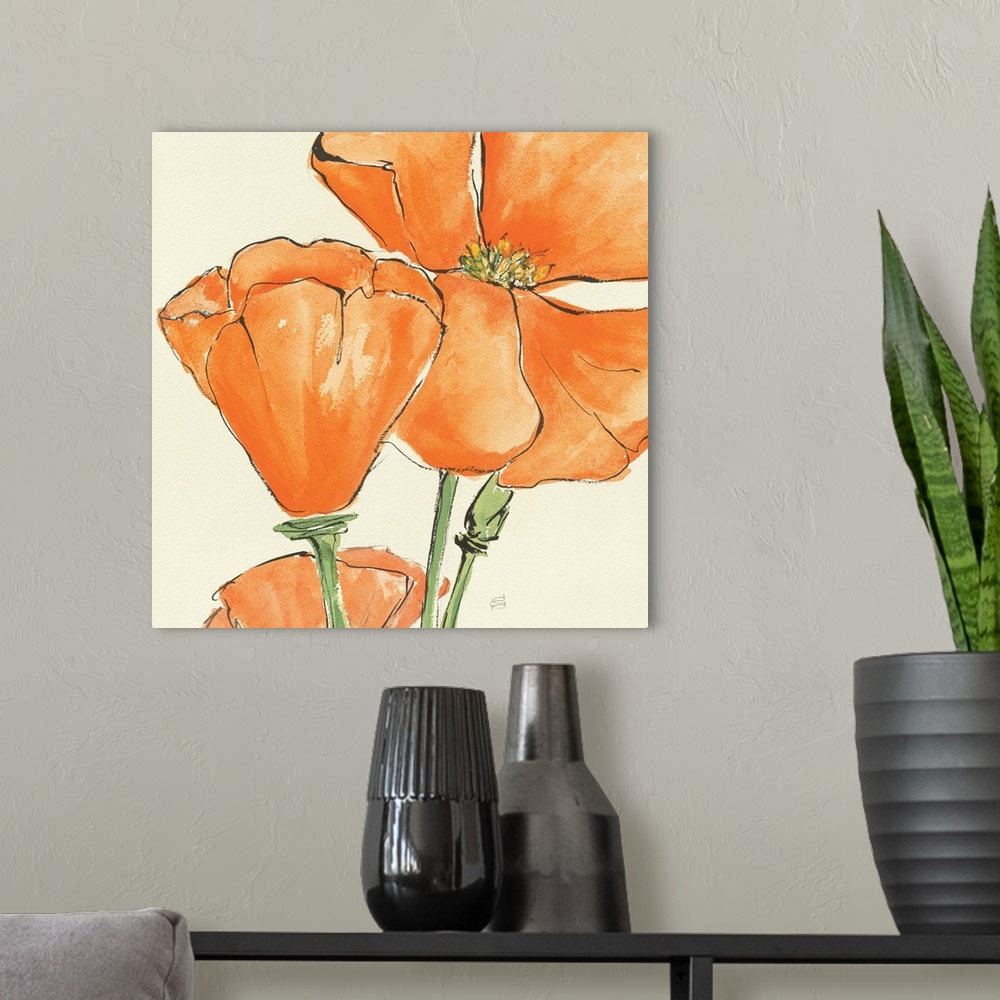 A modern room featuring Contemporary artwork of an orange flower close-up in the frame of the image.