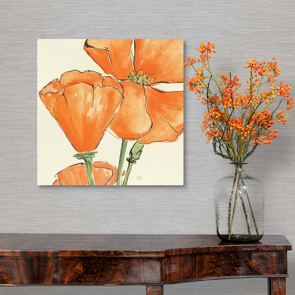 A traditional room featuring Contemporary artwork of an orange flower close-up in the frame of the image.