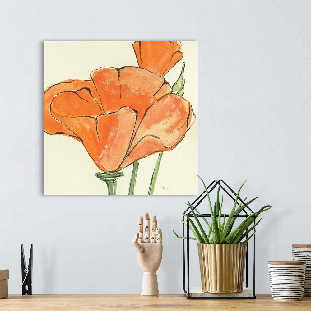 A bohemian room featuring Contemporary artwork of an orange flower close-up in the frame of the image.