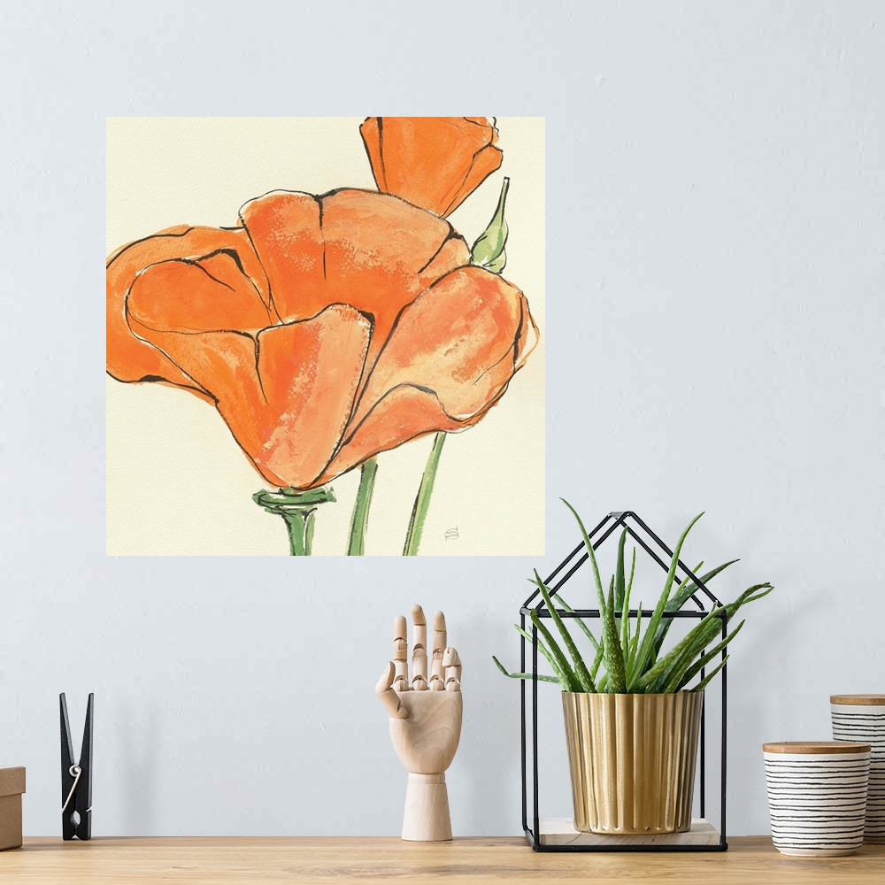 A bohemian room featuring Contemporary artwork of an orange flower close-up in the frame of the image.