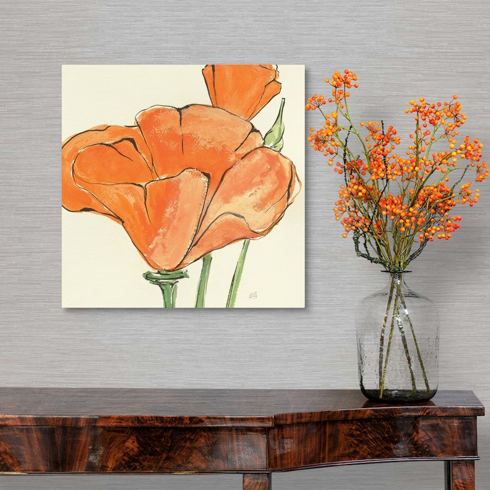 A traditional room featuring Contemporary artwork of an orange flower close-up in the frame of the image.
