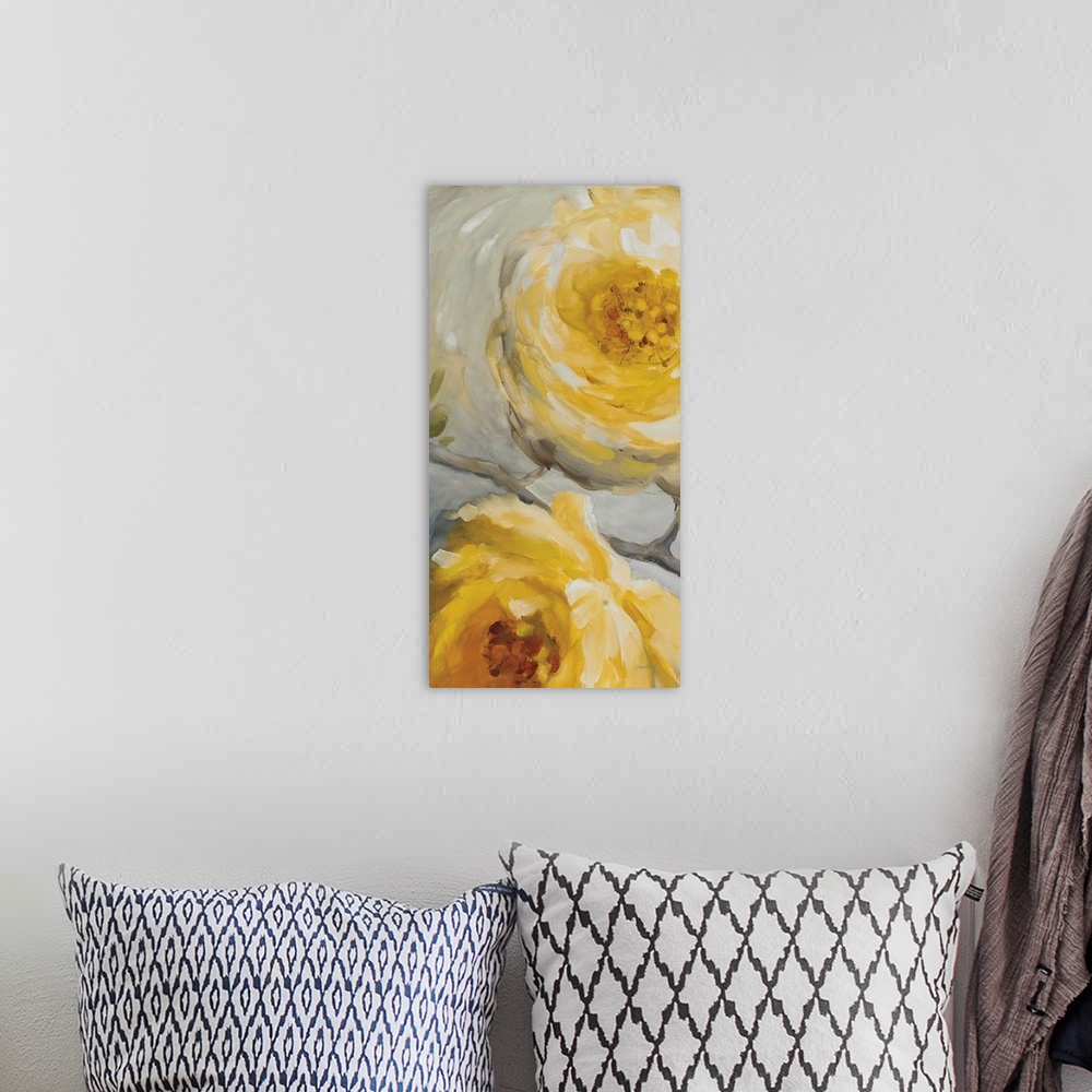 A bohemian room featuring Vertical contemporary painting of large yellow flowers against a gray backdrop.