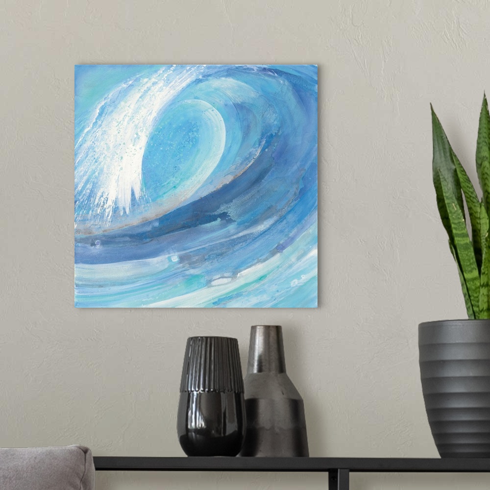A modern room featuring A painting of a blue ocean wave curling in on itself.