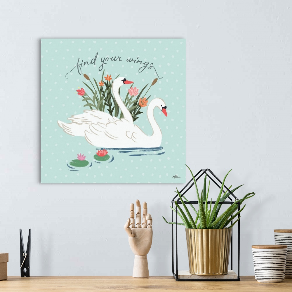 A bohemian room featuring Decorative artwork of a group of white swans on a mint background with white spots and the text "...