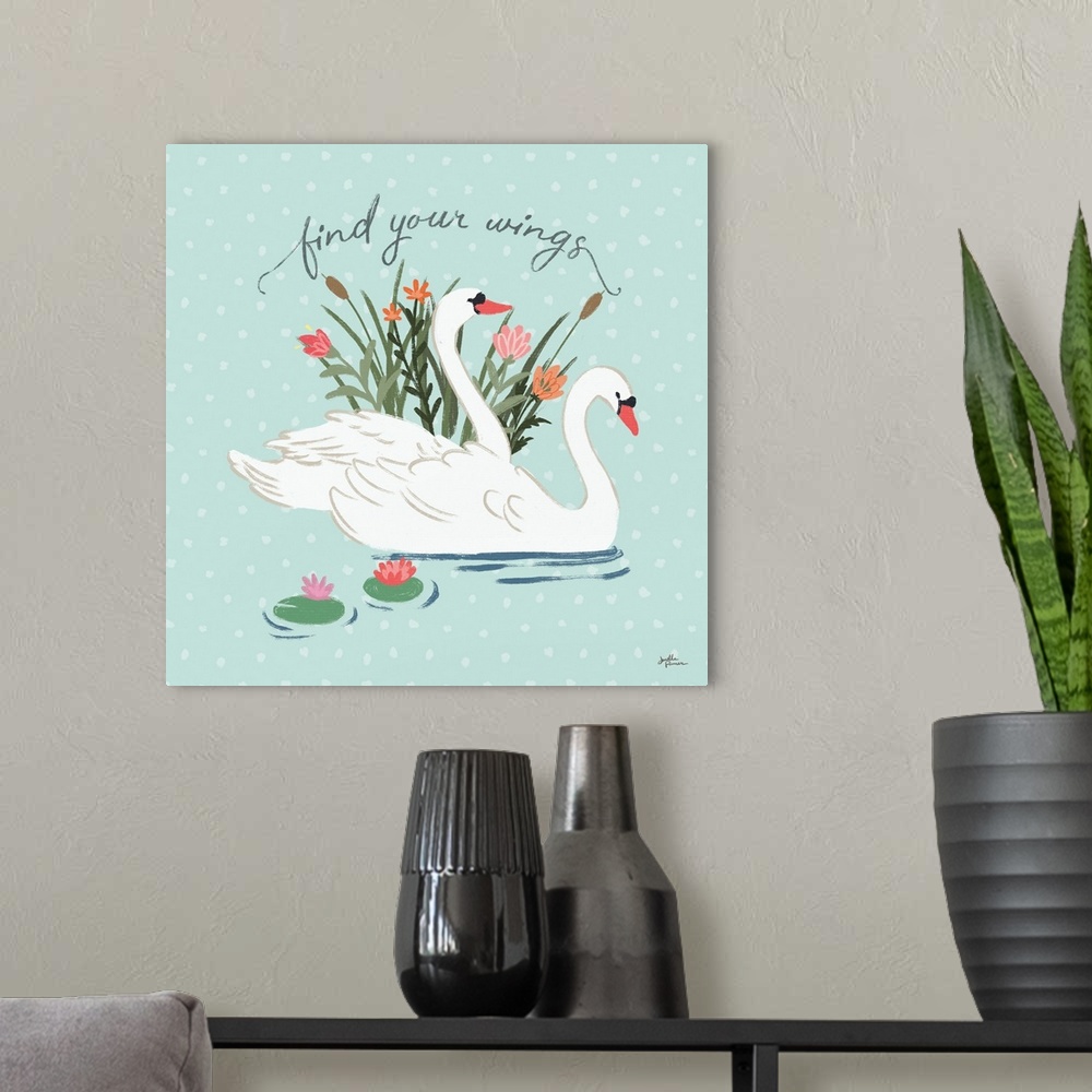 A modern room featuring Decorative artwork of a group of white swans on a mint background with white spots and the text "...
