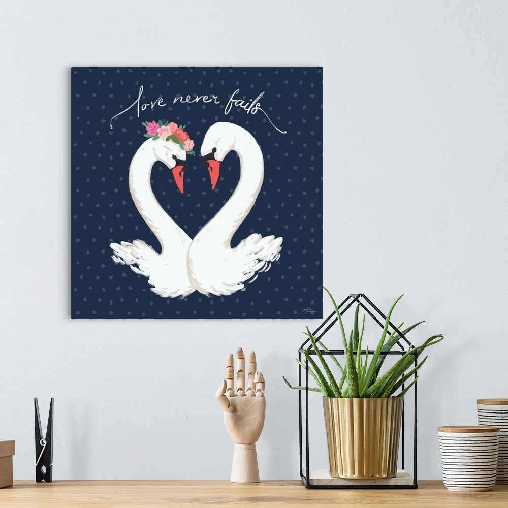 A bohemian room featuring Decorative artwork of a group of white swans on a navy background with spots and the text "Love n...