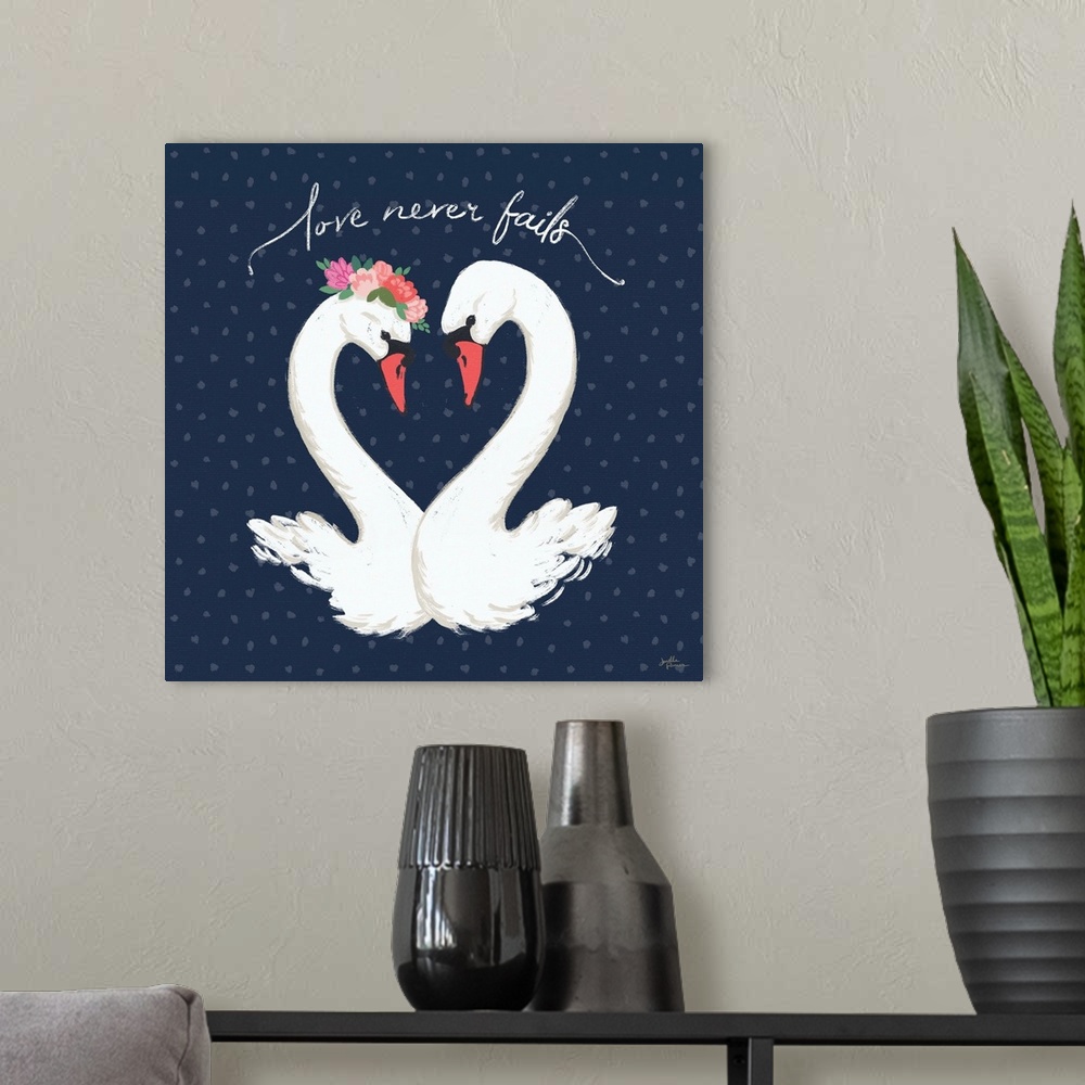 A modern room featuring Decorative artwork of a group of white swans on a navy background with spots and the text "Love n...