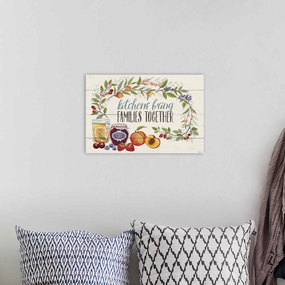 A bohemian room featuring "Kitchens Bring Families Together" with peaches, blueberries, strawberries, and cherries.