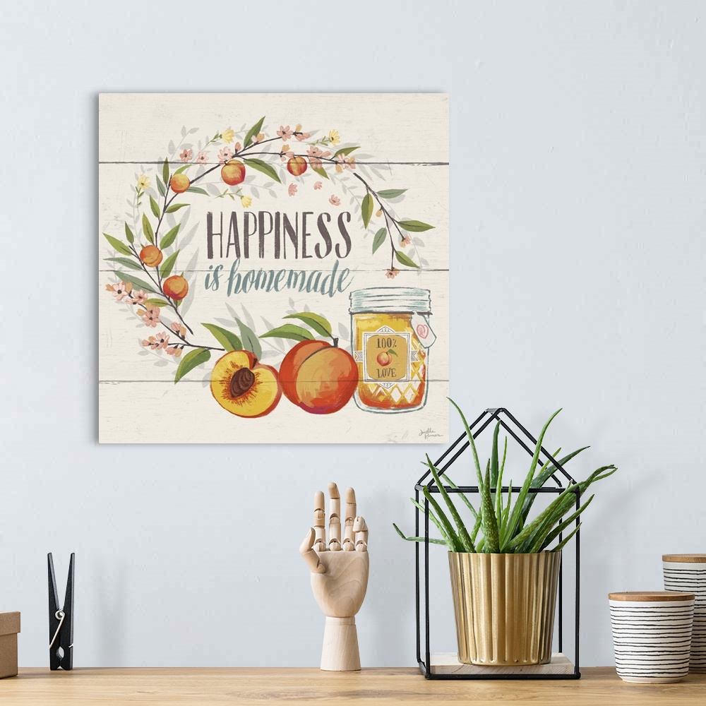 A bohemian room featuring "Happiness is Homemade" with peaches.