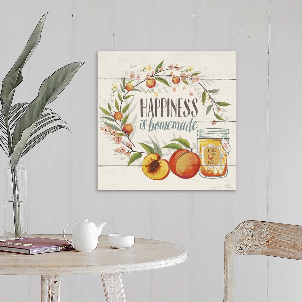 A farmhouse room featuring "Happiness is Homemade" with peaches.