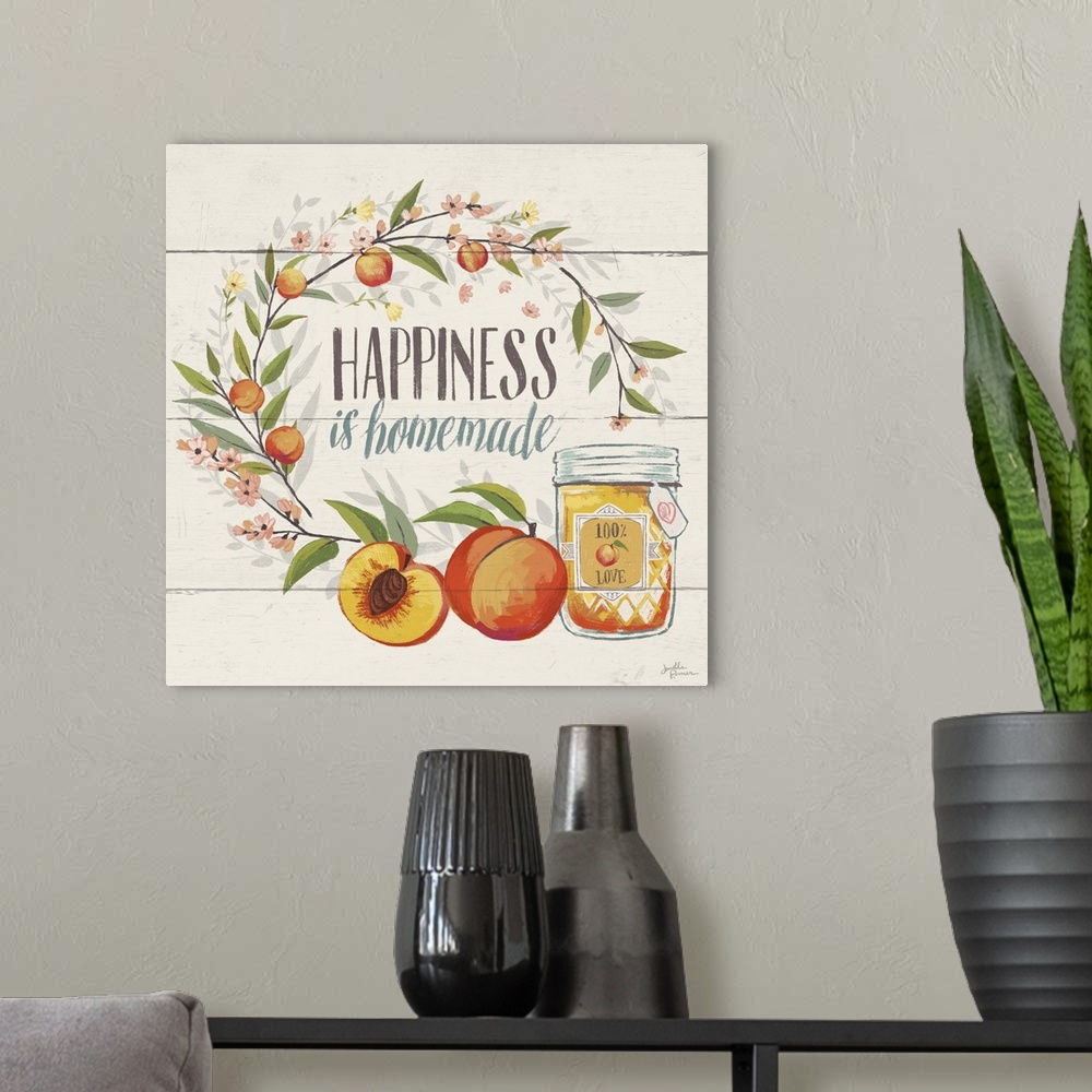 A modern room featuring "Happiness is Homemade" with peaches.