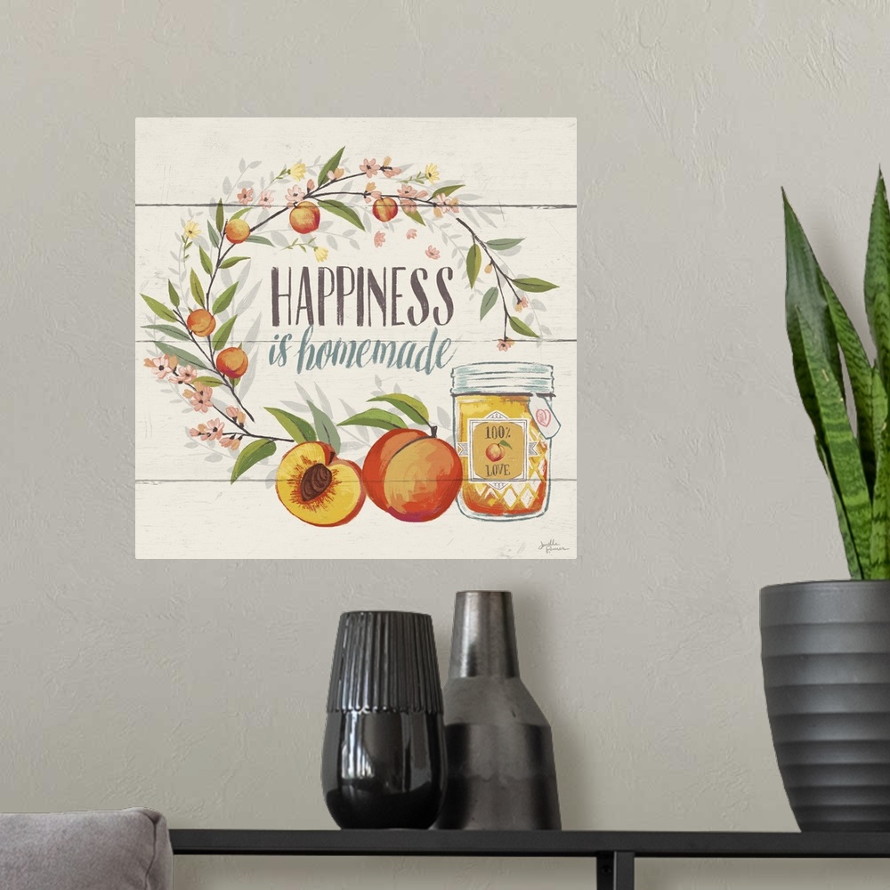 A modern room featuring "Happiness is Homemade" with peaches.