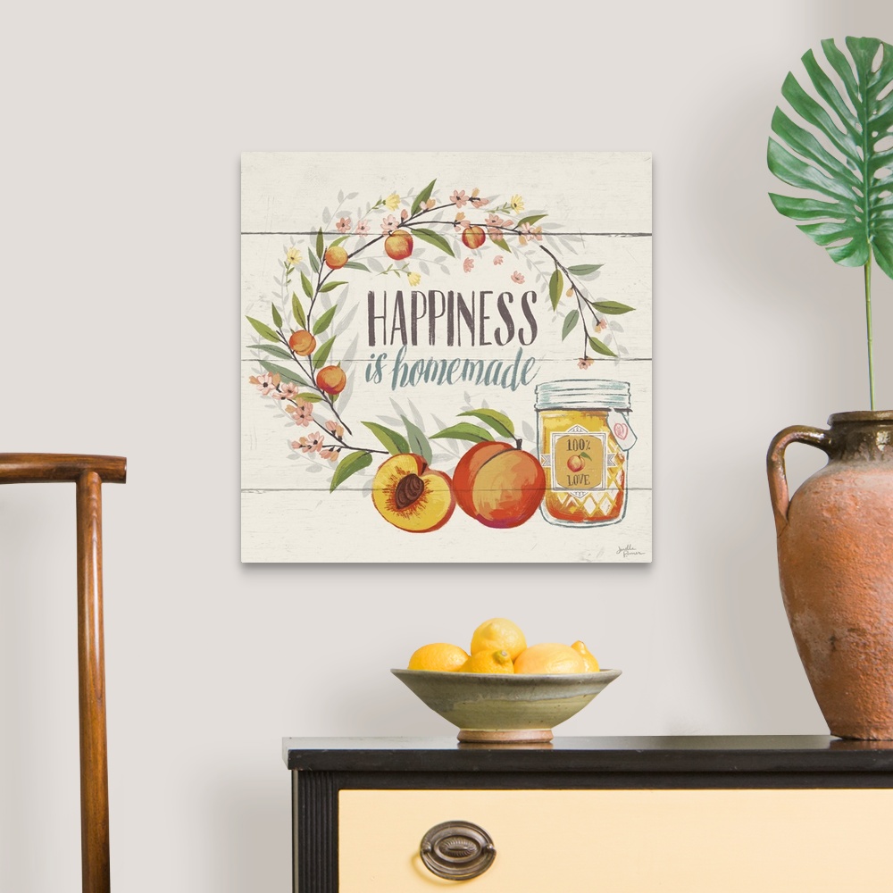A traditional room featuring "Happiness is Homemade" with peaches.