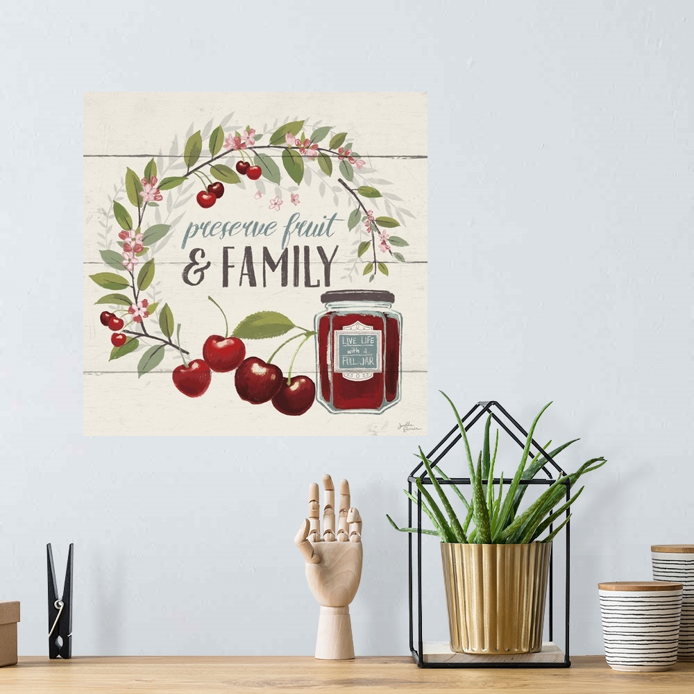 A bohemian room featuring "Preserve Fruit and Family" with cherries.