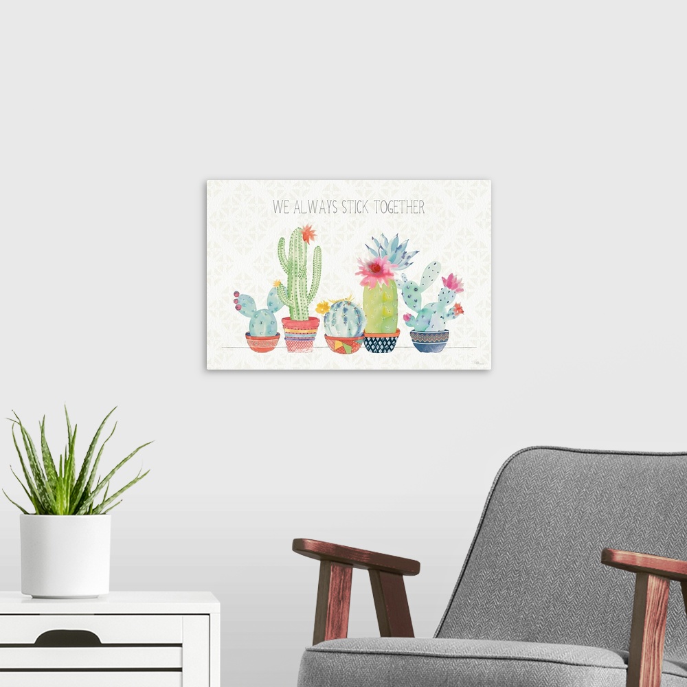 A modern room featuring Horizontal decorative artwork of a row of colorful cactus on a neutral background with the text "...
