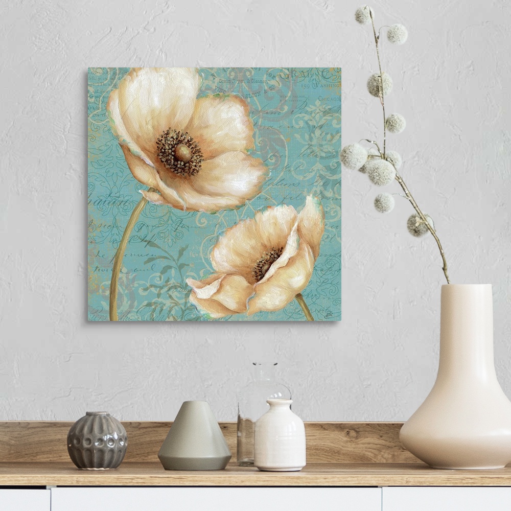 A farmhouse room featuring Big floral art emphasizes a close-up of two flowers in front of a muted backdrop filled with intr...