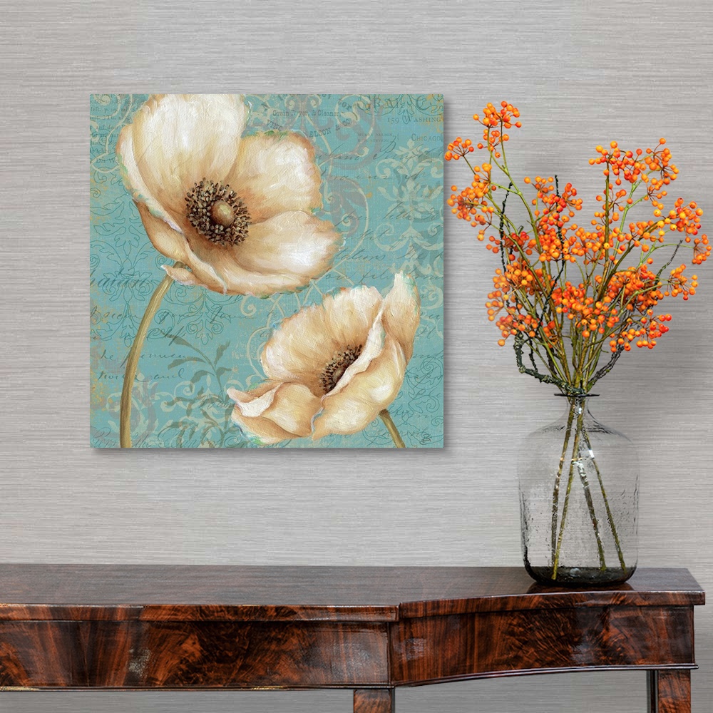 A traditional room featuring Big floral art emphasizes a close-up of two flowers in front of a muted backdrop filled with intr...