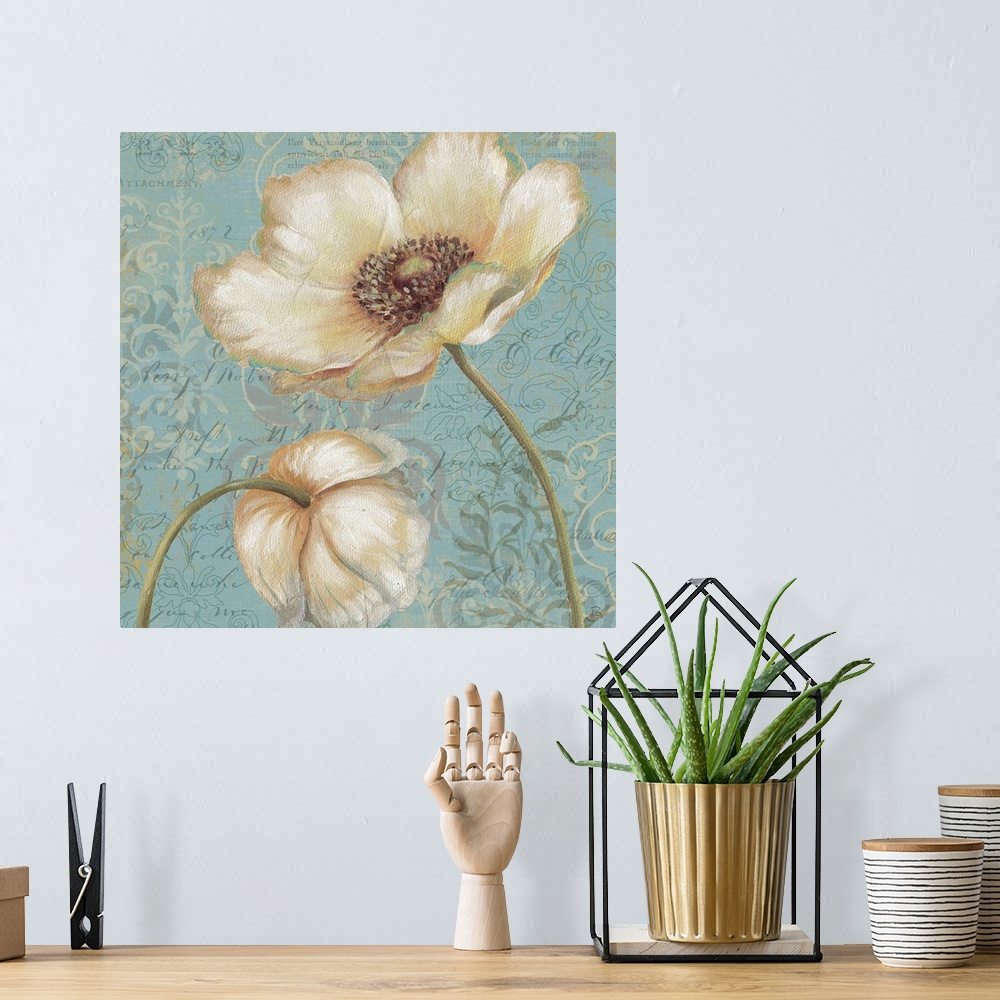 A bohemian room featuring Abstract painting of two flowers, one that is pointing upwards and the other that is pointing dow...