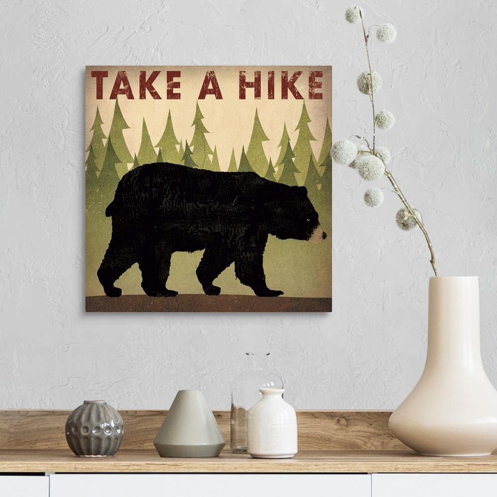 A farmhouse room featuring Contemporary cabin decor artwork of a black bear sign for hiking.