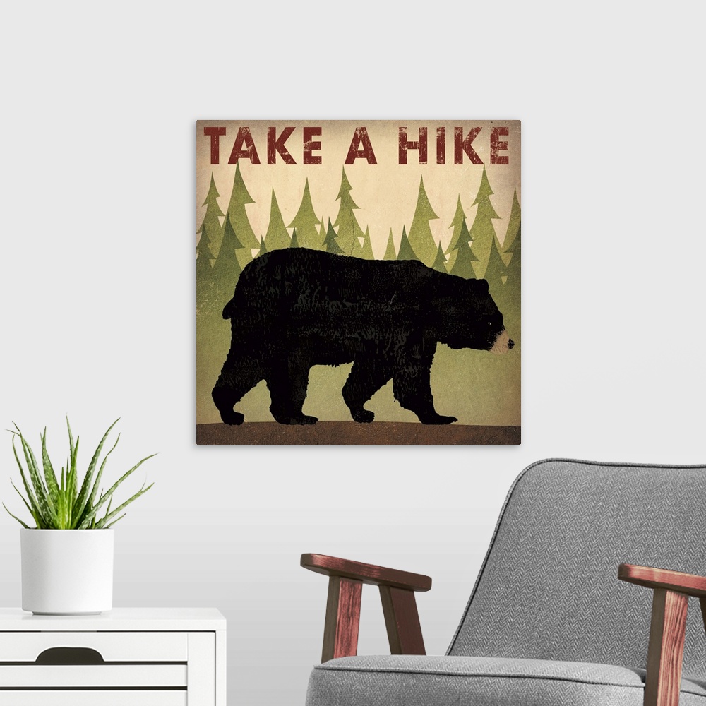 A modern room featuring Contemporary cabin decor artwork of a black bear sign for hiking.