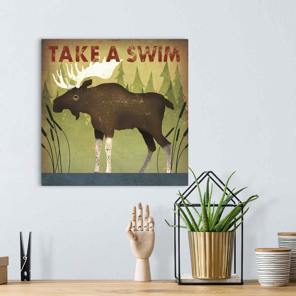 A bohemian room featuring Contemporary cabin decor artwork of a moose sign for swimming.