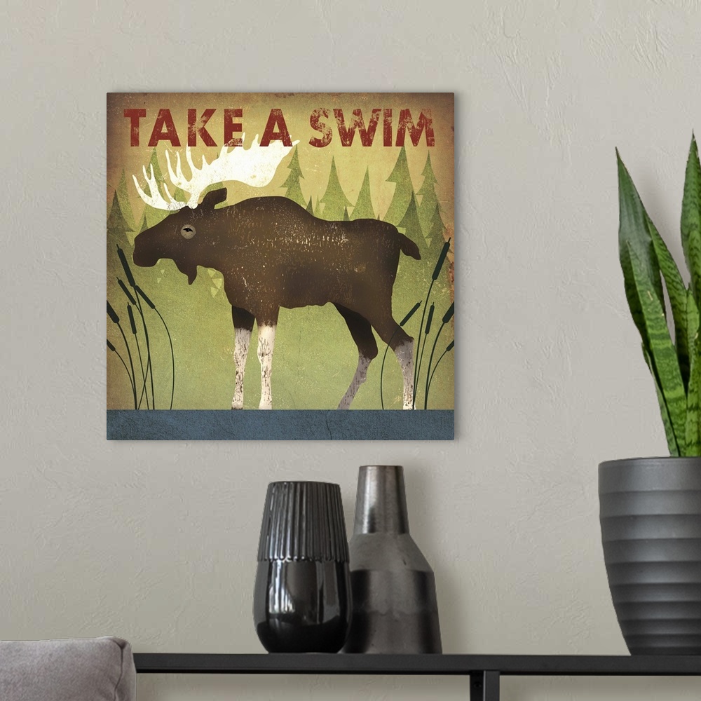 A modern room featuring Contemporary cabin decor artwork of a moose sign for swimming.