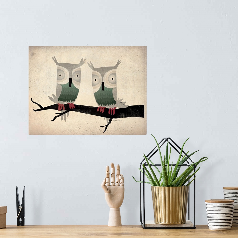 A bohemian room featuring Horizontal, large artwork of two owls perched on a single branch, on a neutral, speckled background.