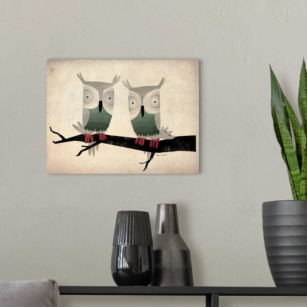A modern room featuring Horizontal, large artwork of two owls perched on a single branch, on a neutral, speckled background.