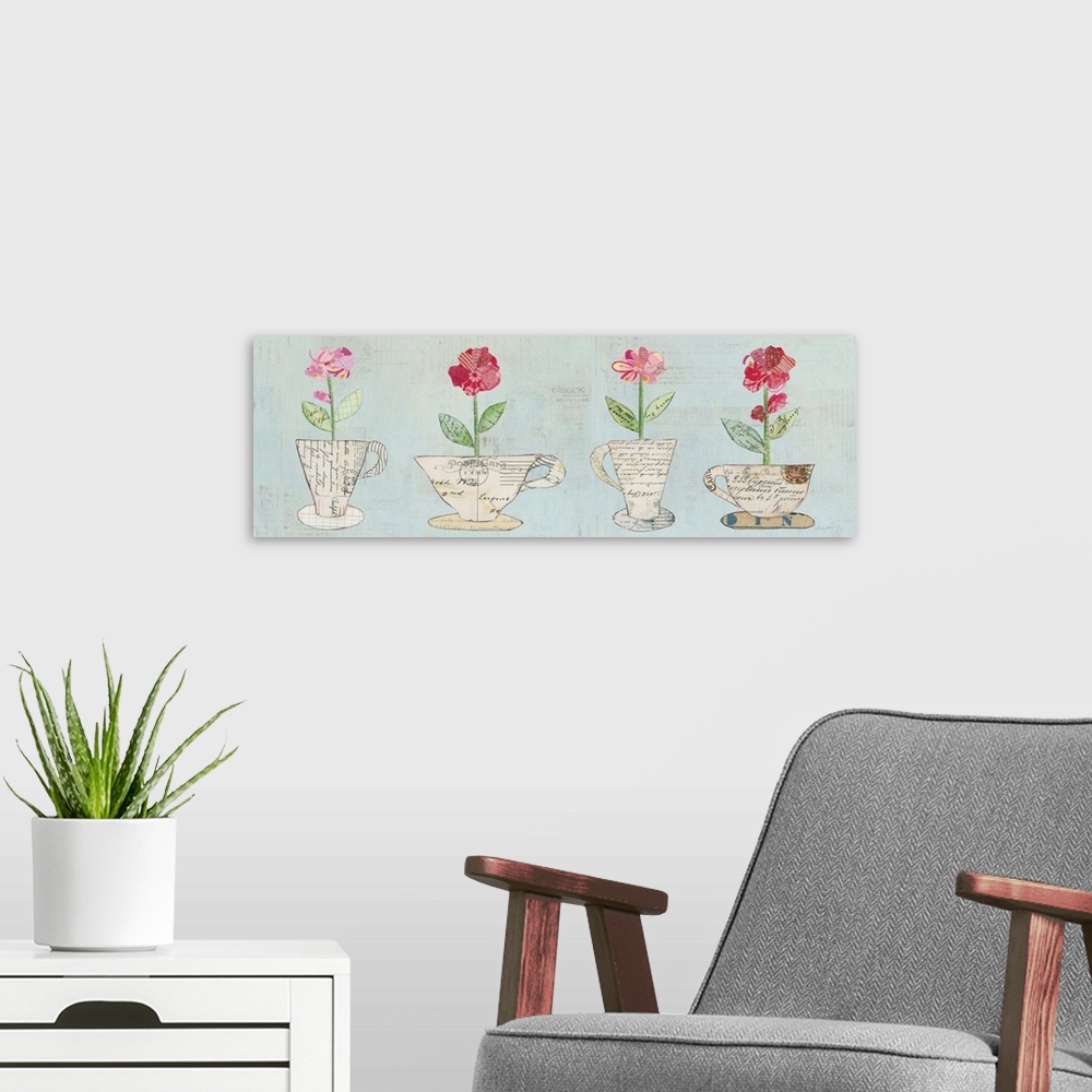 A modern room featuring Wide rectangular decorative artwork with teacups and coffee mugs that have flowers inside them cr...