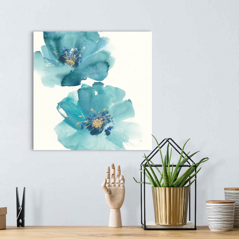 A bohemian room featuring Large square contemporary painting of teal flowers with accents of gold.