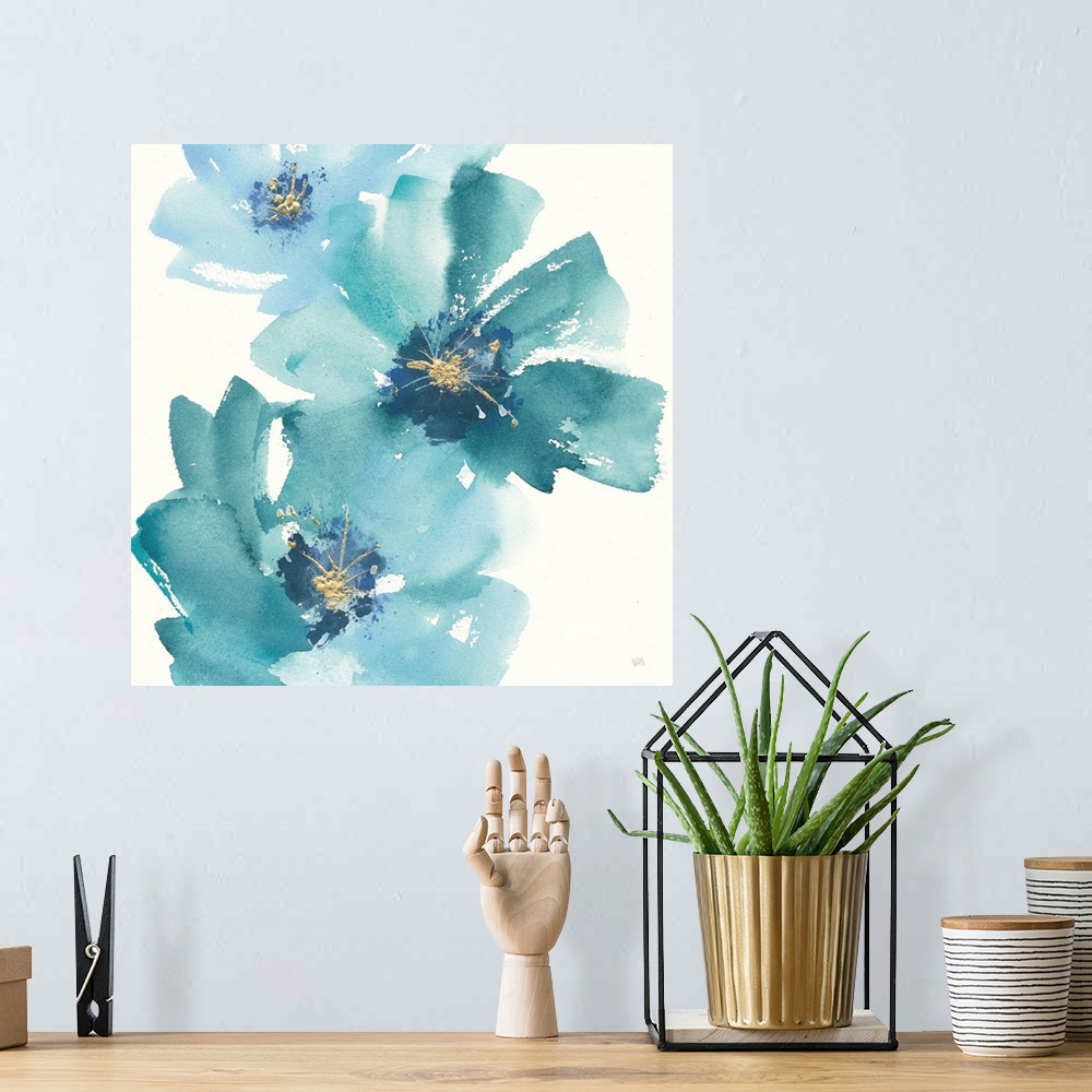 A bohemian room featuring Large square contemporary painting of teal flowers with accents of gold.