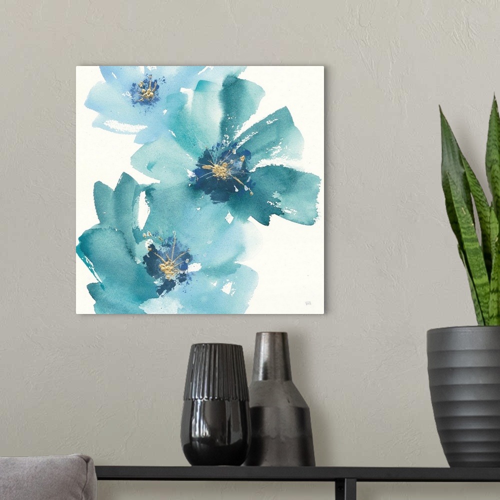 A modern room featuring Large square contemporary painting of teal flowers with accents of gold.