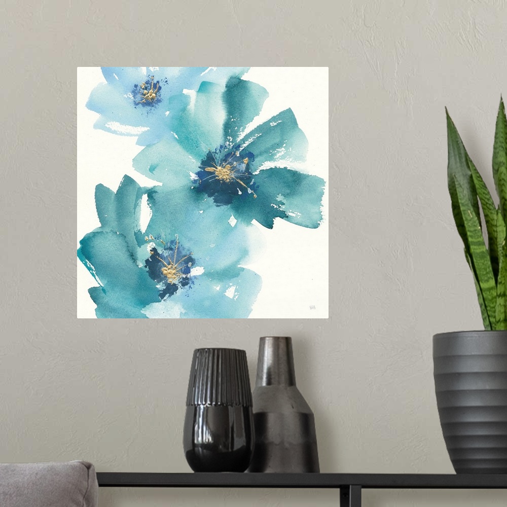 A modern room featuring Large square contemporary painting of teal flowers with accents of gold.