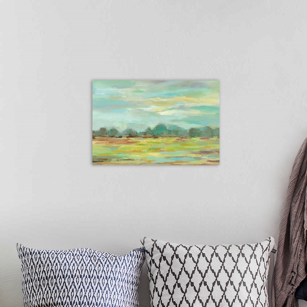 A bohemian room featuring Contemporary landscape painting using a variety of vibrant colors.
