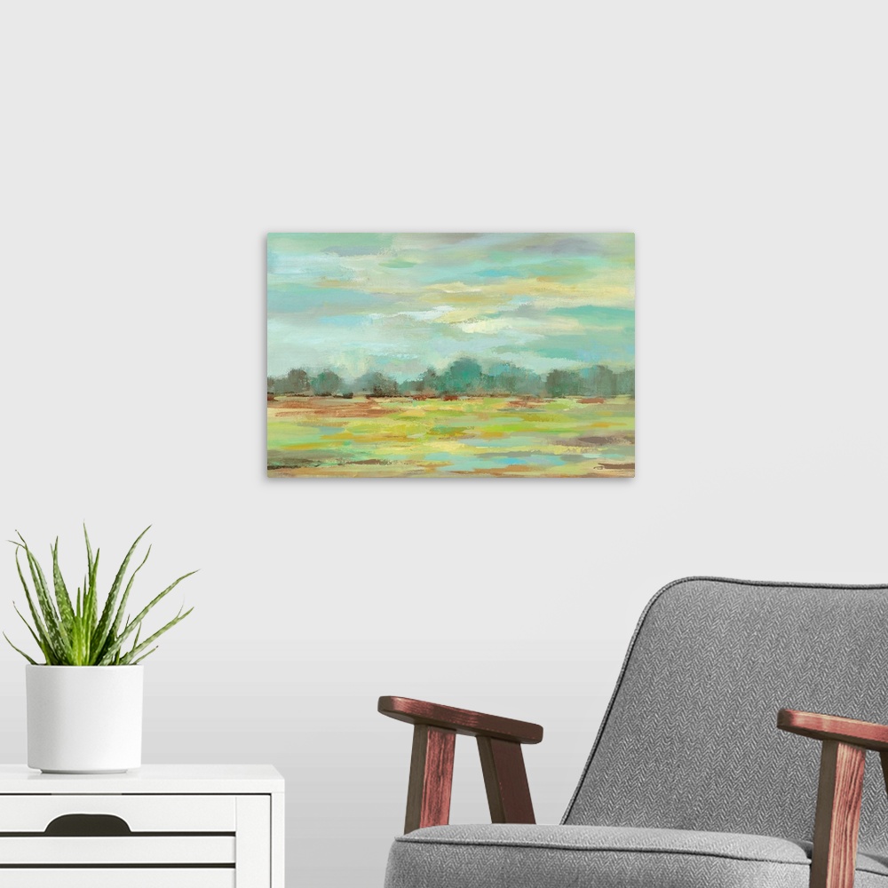 A modern room featuring Contemporary landscape painting using a variety of vibrant colors.