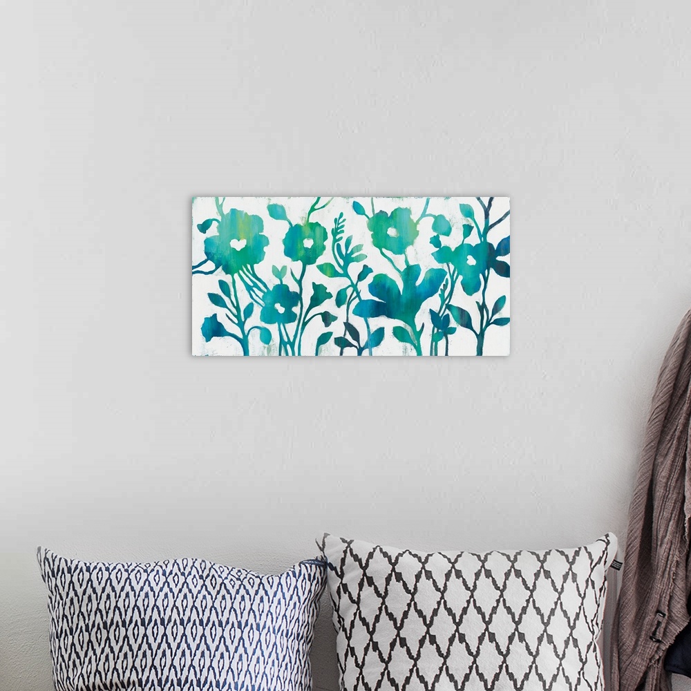 A bohemian room featuring Contemporary watercolor silhouetted garden flowers.
