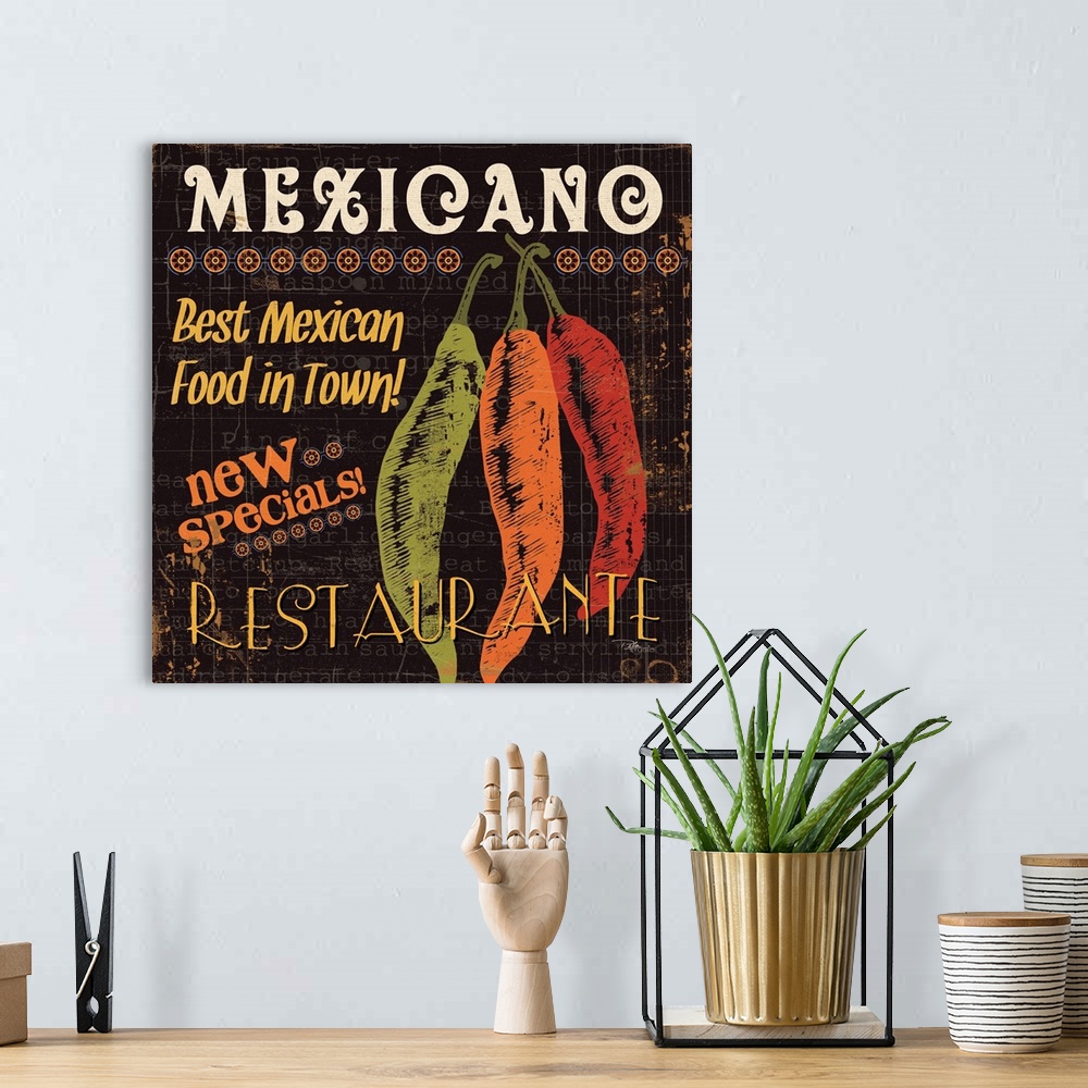A bohemian room featuring Contemporary artwork of a rustic looking food sign with chili peppers to the right of the image, ...