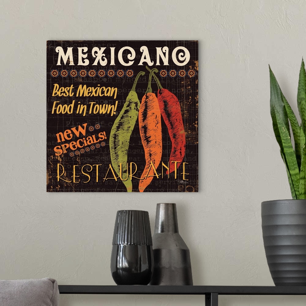 A modern room featuring Contemporary artwork of a rustic looking food sign with chili peppers to the right of the image, ...