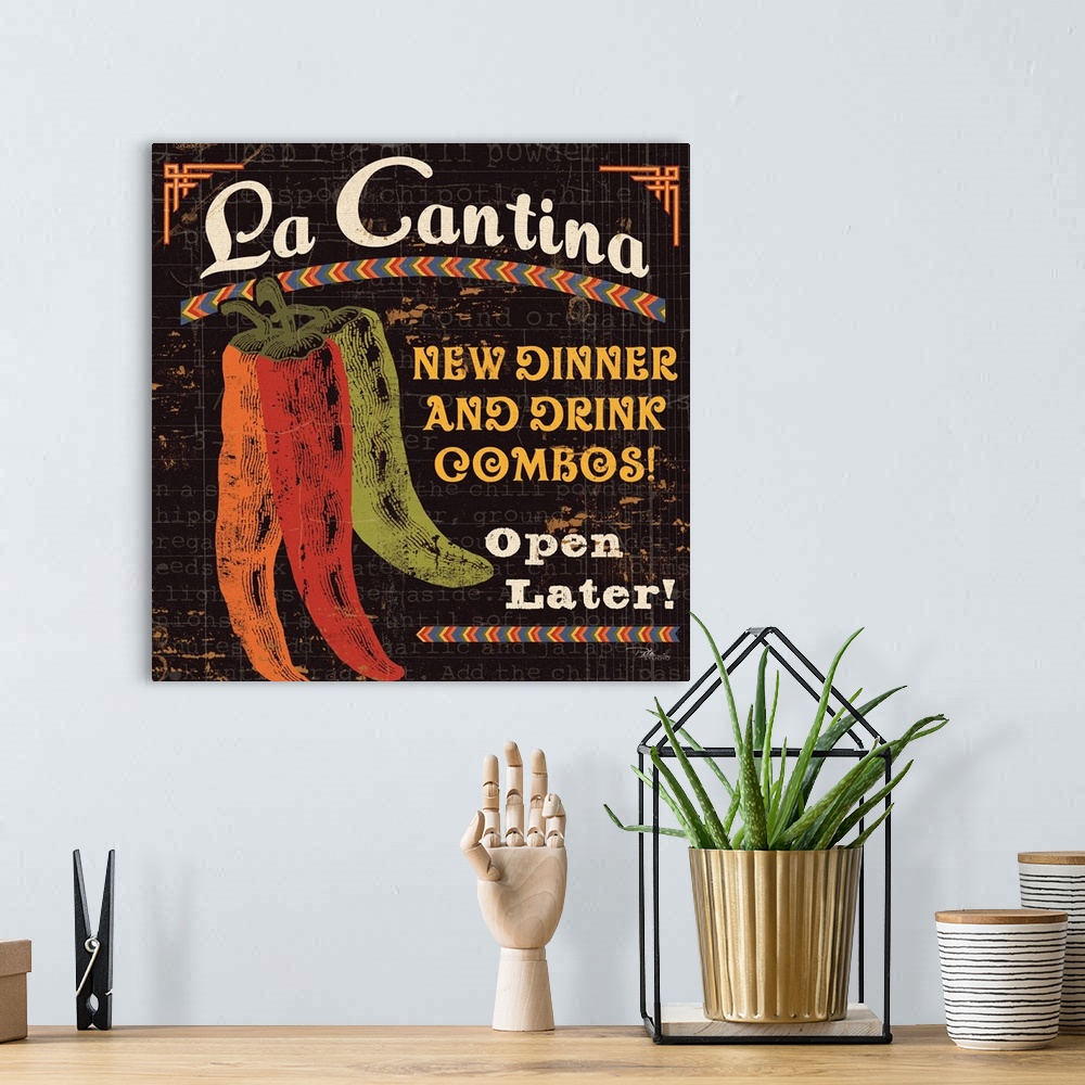 A bohemian room featuring Contemporary artwork of a rustic looking food sign with chili peppers to the left of the image, a...