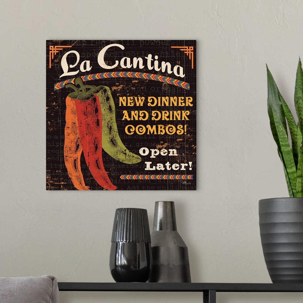 A modern room featuring Contemporary artwork of a rustic looking food sign with chili peppers to the left of the image, a...