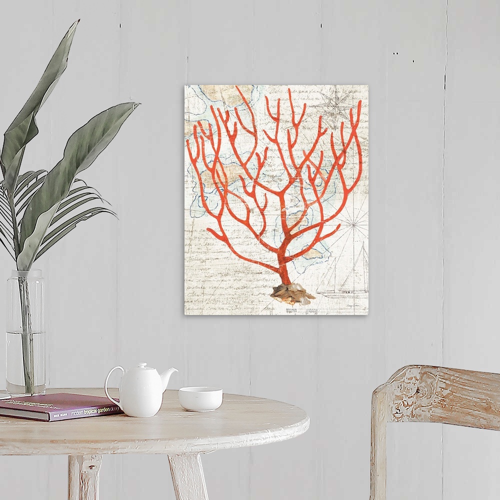 A farmhouse room featuring Vintage stylized illustration of red coral against a vintage map background.